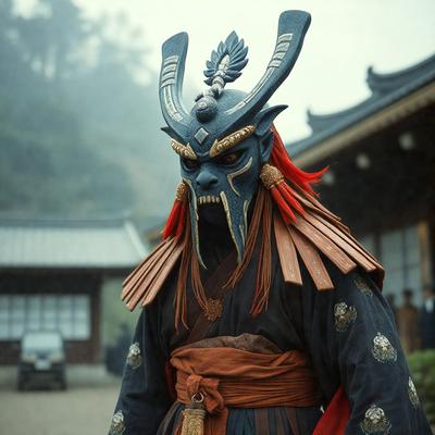 The primary subject of the image is a man wearing a unique and intricate costume, which includes a mask and a headdress. The setting is an outdoor area with a building in the background. The visual style of the image is a combination of photo and digital art, creating a striking and detailed portrait of the man in the costume. The colors and mood of the image are dark and dramatic, emphasizing the intensity of the man's expression and the overall atmosphere of the scene.